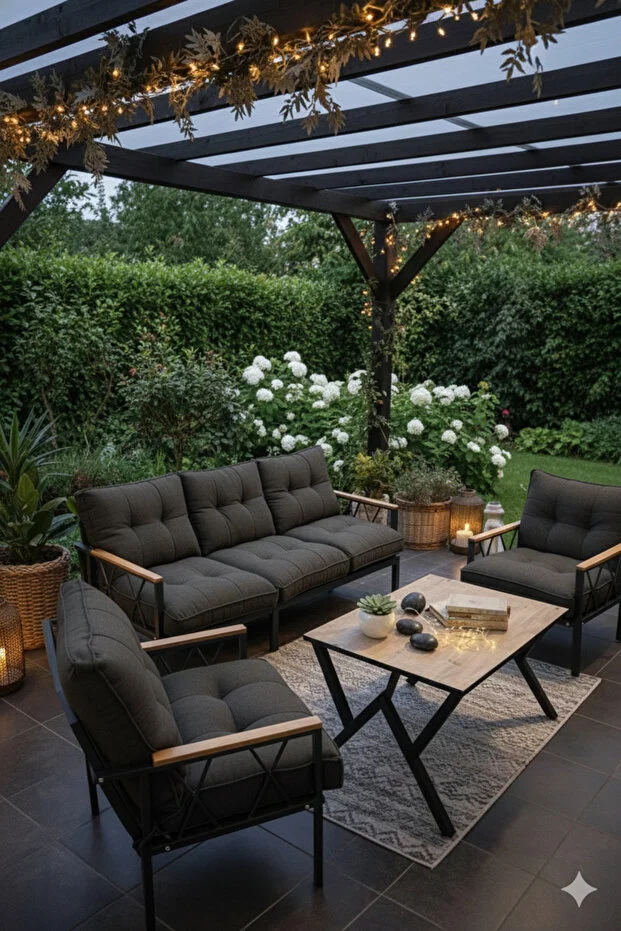 Miray 311 Masalı Antrasit Fermuarlı Bahçe Balkon Takımı, Salon, Teras- Berjer Düğmeli Metal Çay Seti